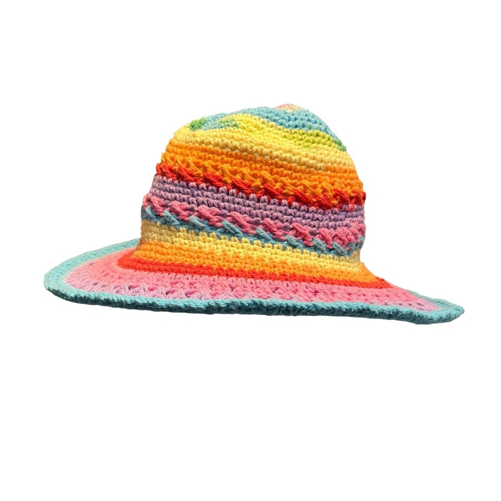 Handmade Crochet Sun Hat Rainbow Knit Wide Brim Boho Hippie Festival Vacation